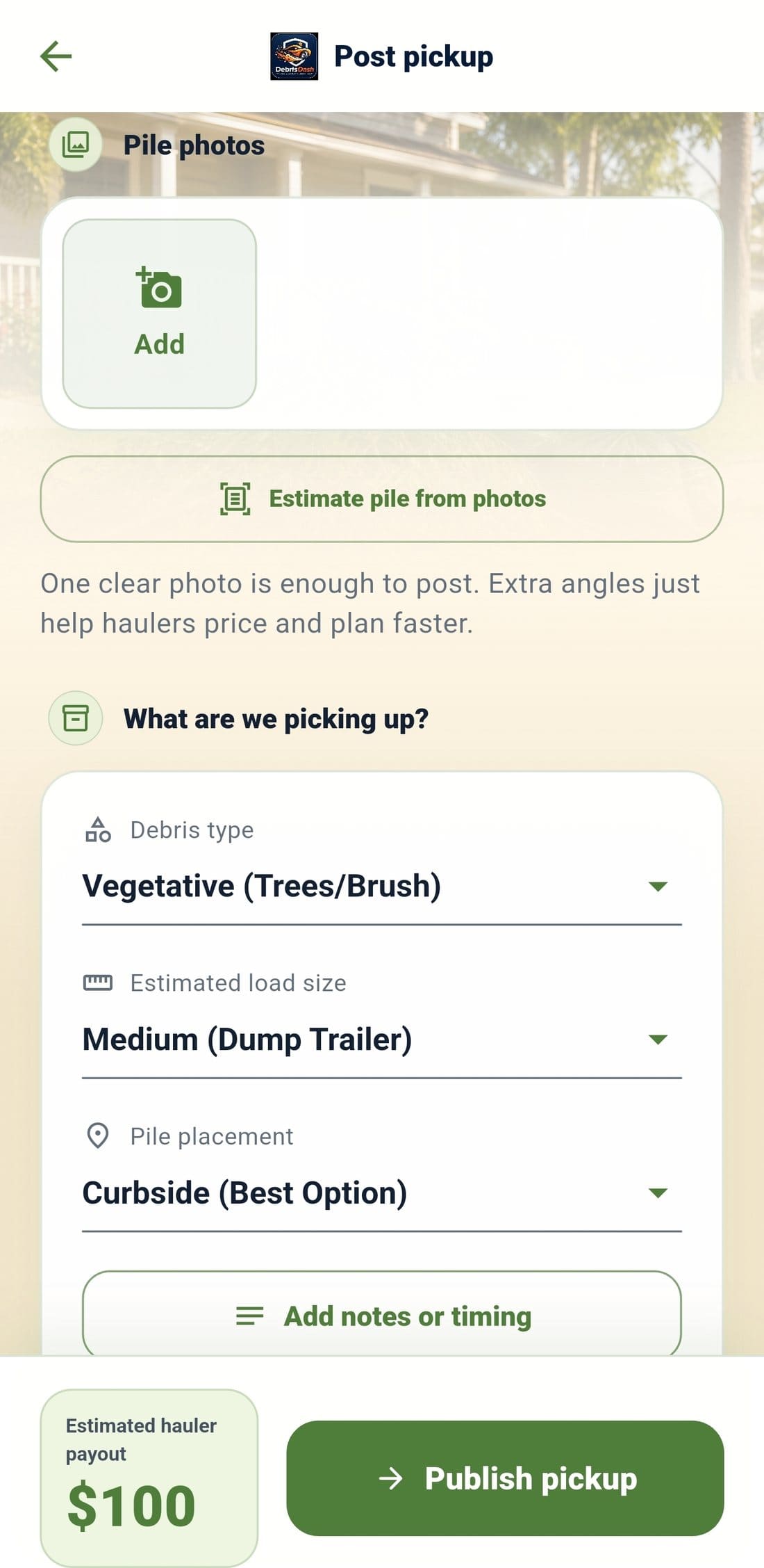 DebrisDash post pickup screen with pile photos, debris type, load size, and payout