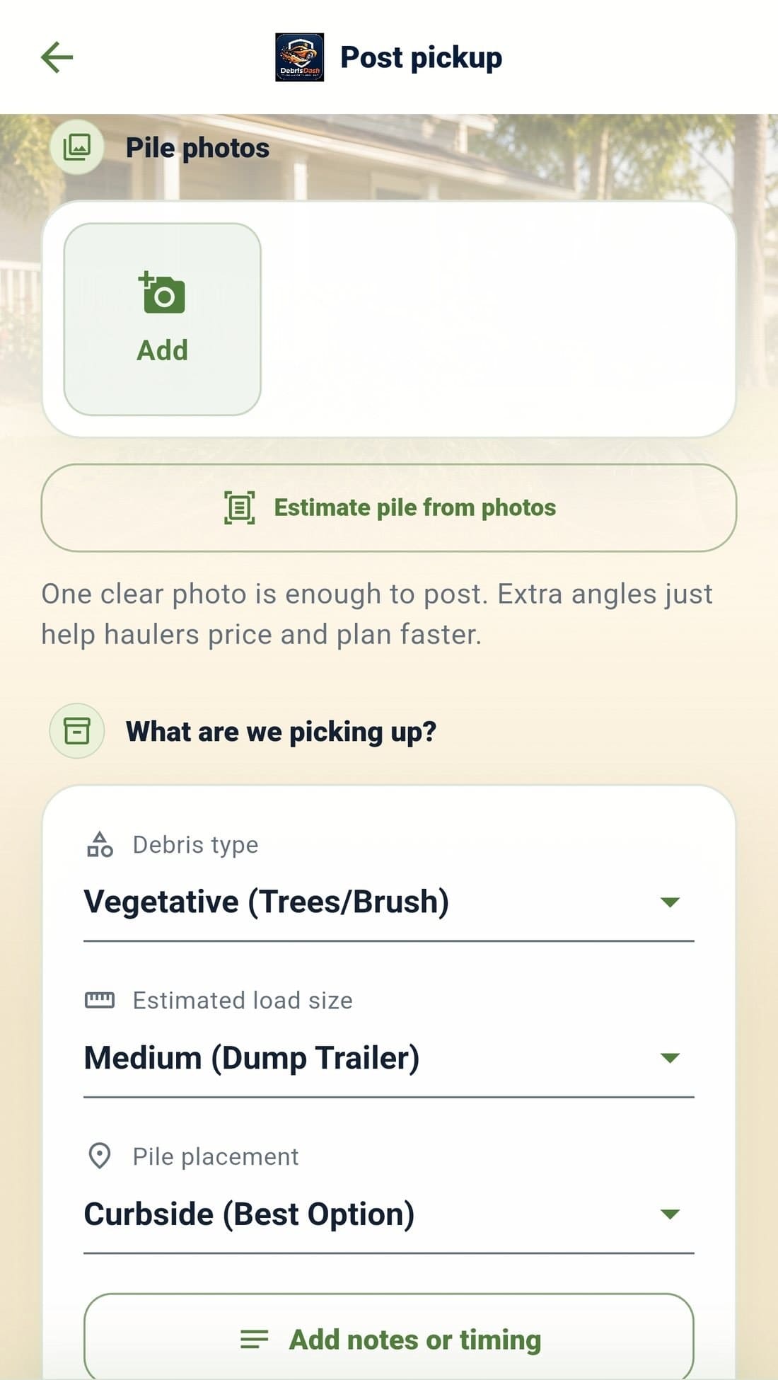 DebrisDash post pickup screen with pile photos, debris type, load size, and pile placement