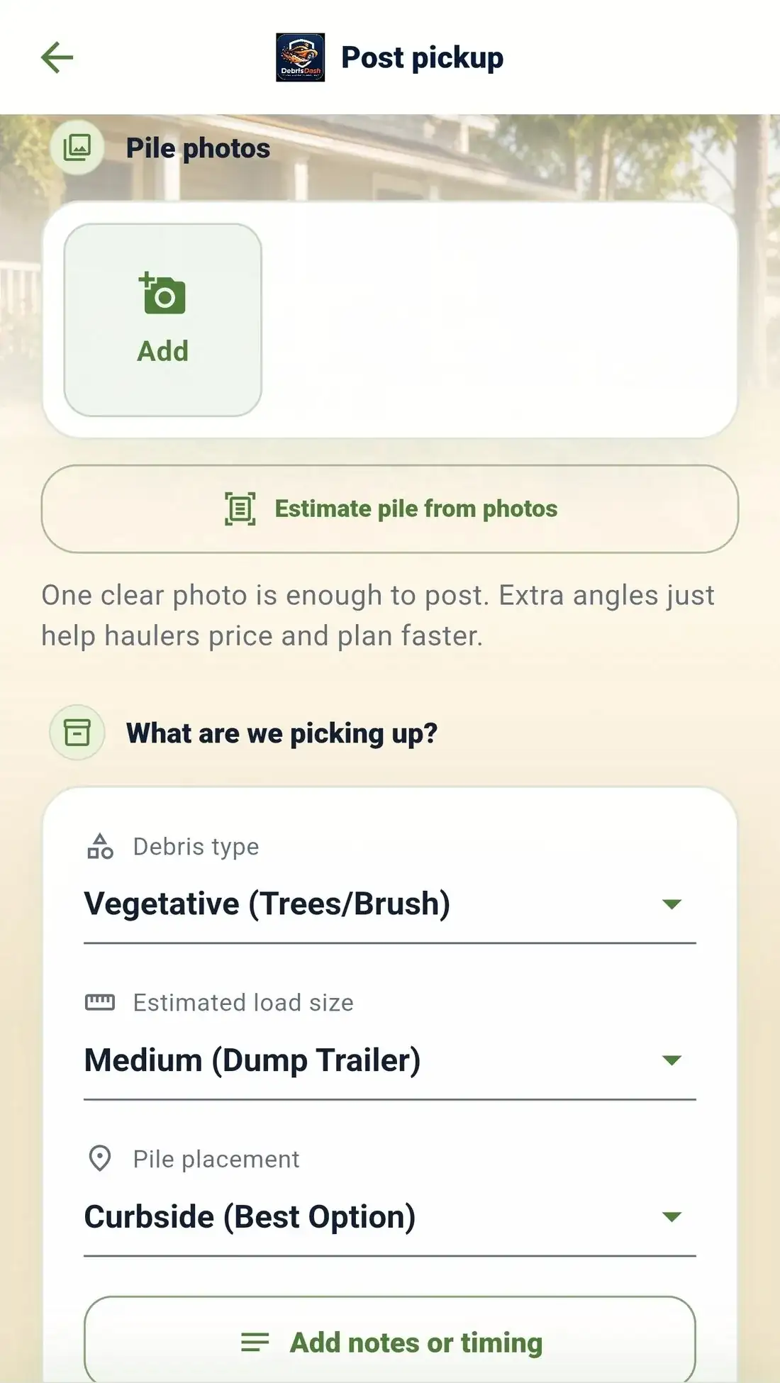 DebrisDash post pickup screen in the mobile app