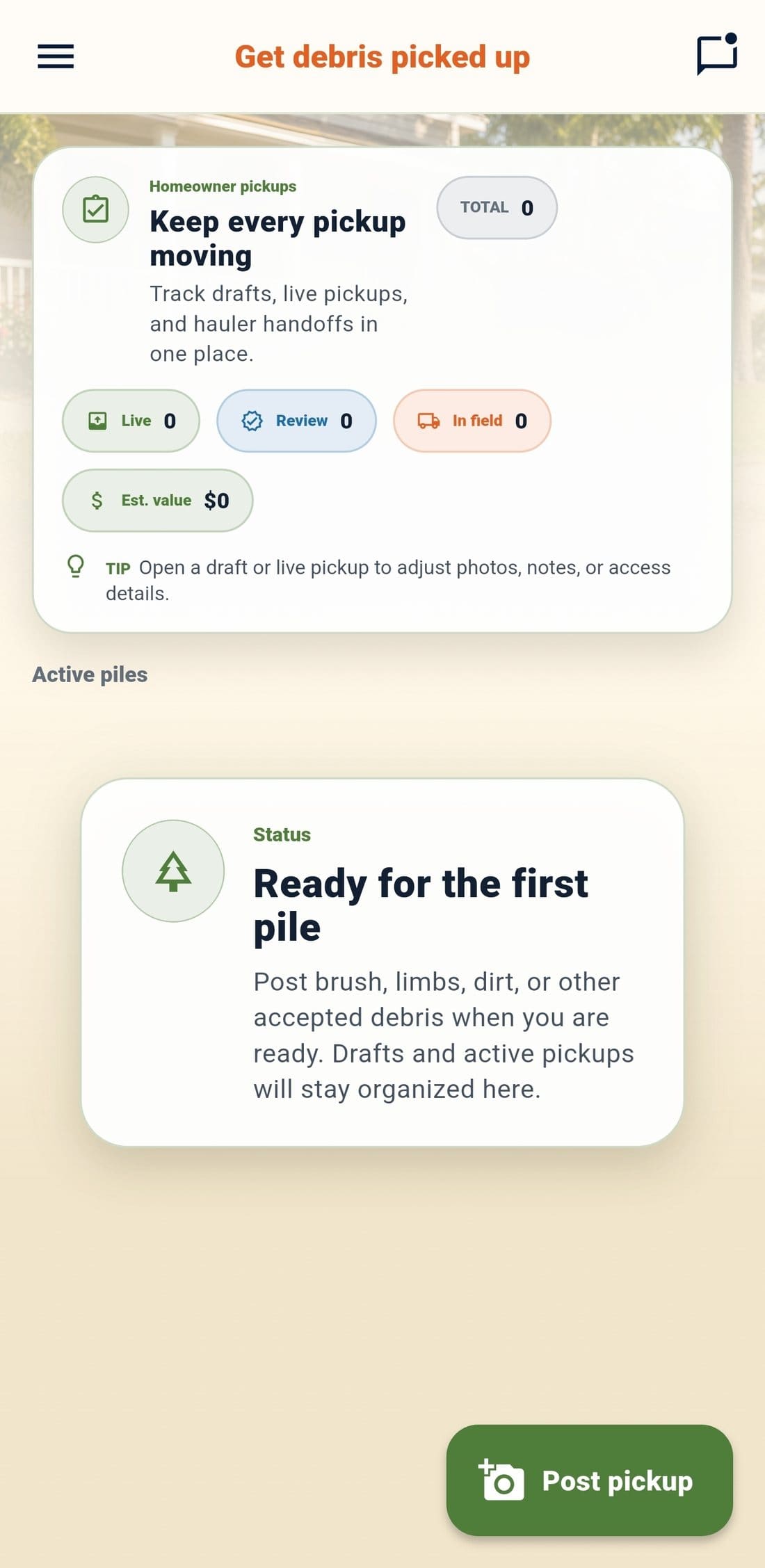 DebrisDash poster dashboard showing pickup totals and active piles