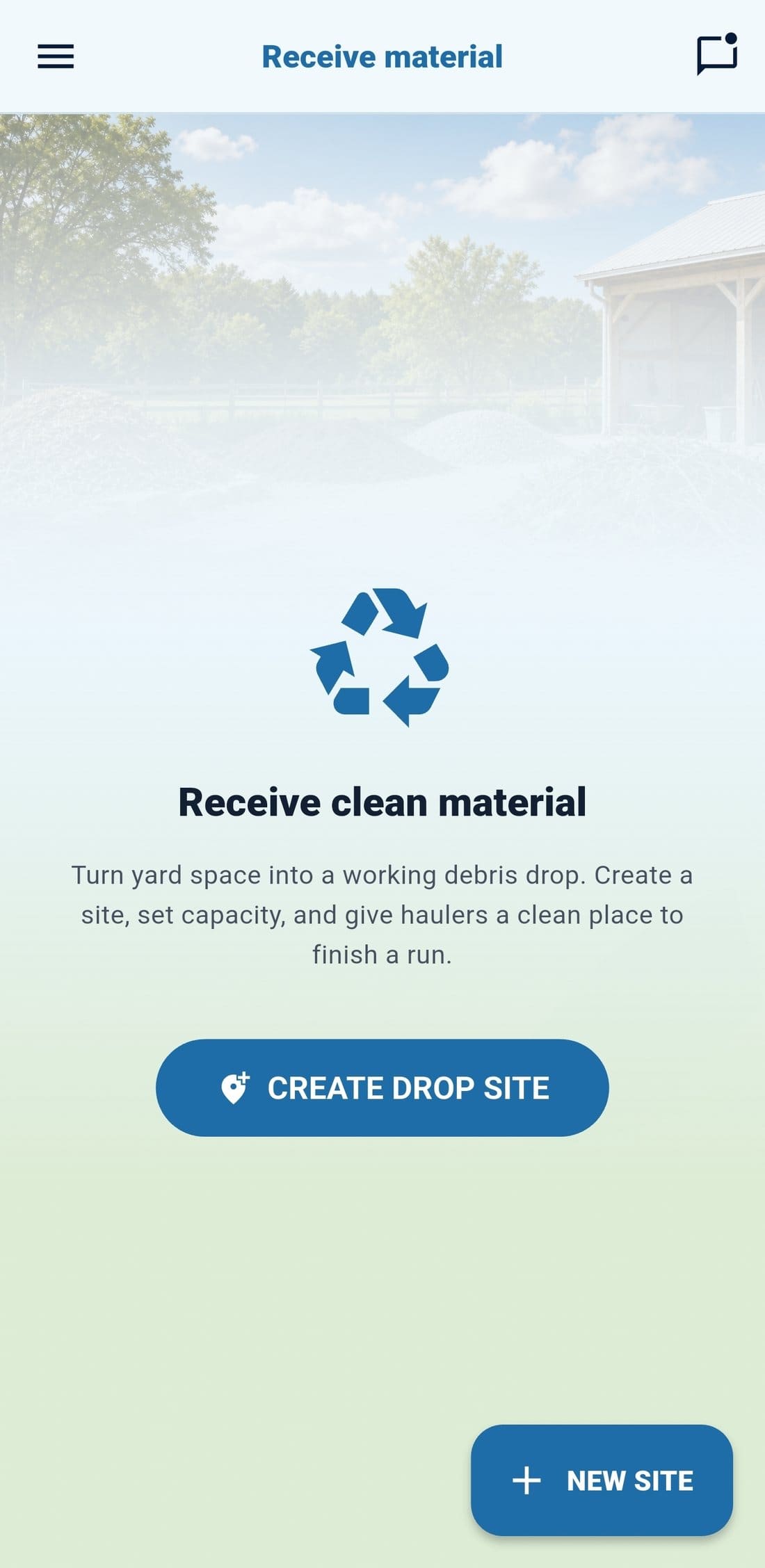 DebrisDash receiver screen for creating a clean material drop site