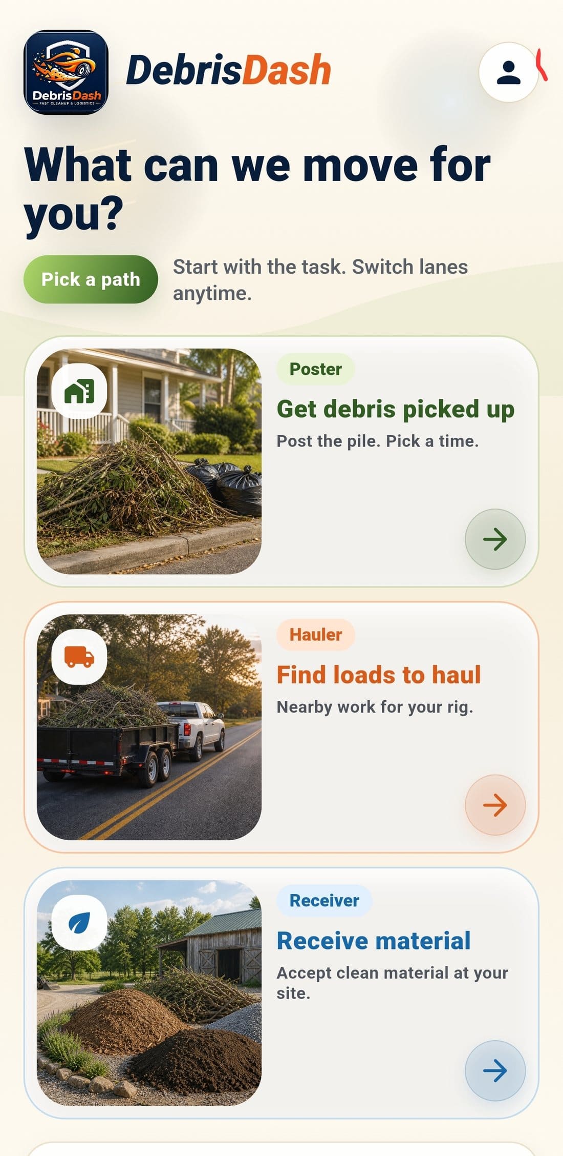 DebrisDash role selection screen with Poster, Hauler, and Receiver lanes