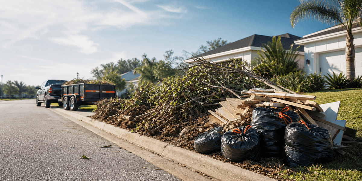 Curbside brush and bagged debris ready for pickup