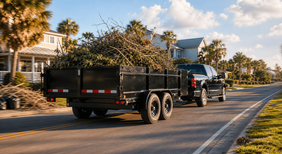 Dump trailer hauling a debris load through a neighborhood