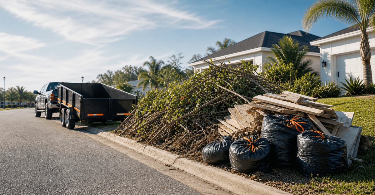 Empty dump trailer arriving beside a curbside debris pile