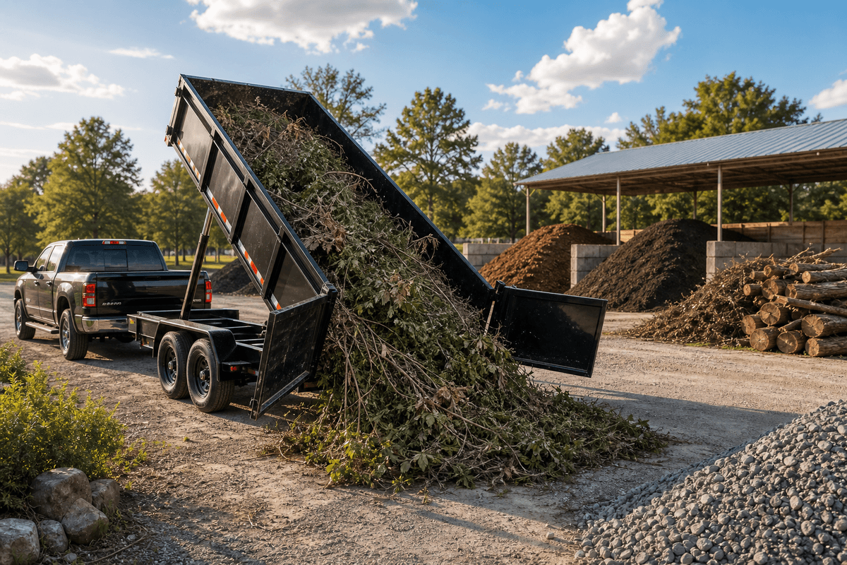 Dump trailer unloading brush at a receiver site