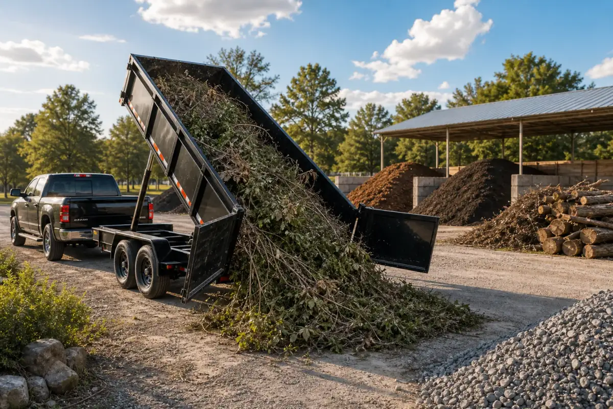 A truck unloading material at a yard.
