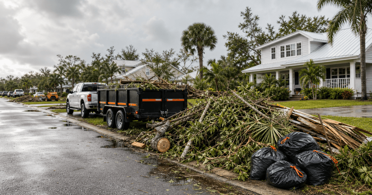 Cleanup crew hauling storm debris from a jobsite curb